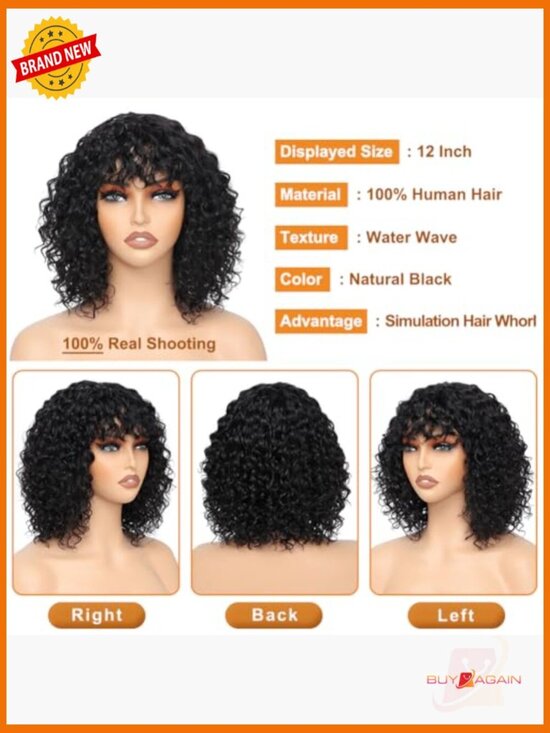 Short Human Hair Wig with Bangs Brazilian Non Lace 150 Density Curly Bob
